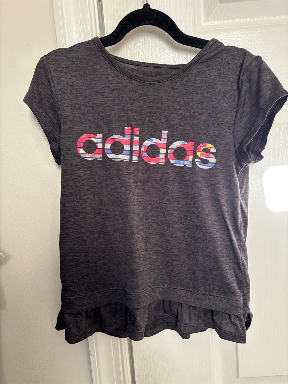 adidas Dark Gray Short Sleeve Tee with Multicolor Striped Logo